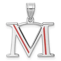 Silver pendant featuring the letter M with red enamel diagonal stripes, suspended from a silver bail.