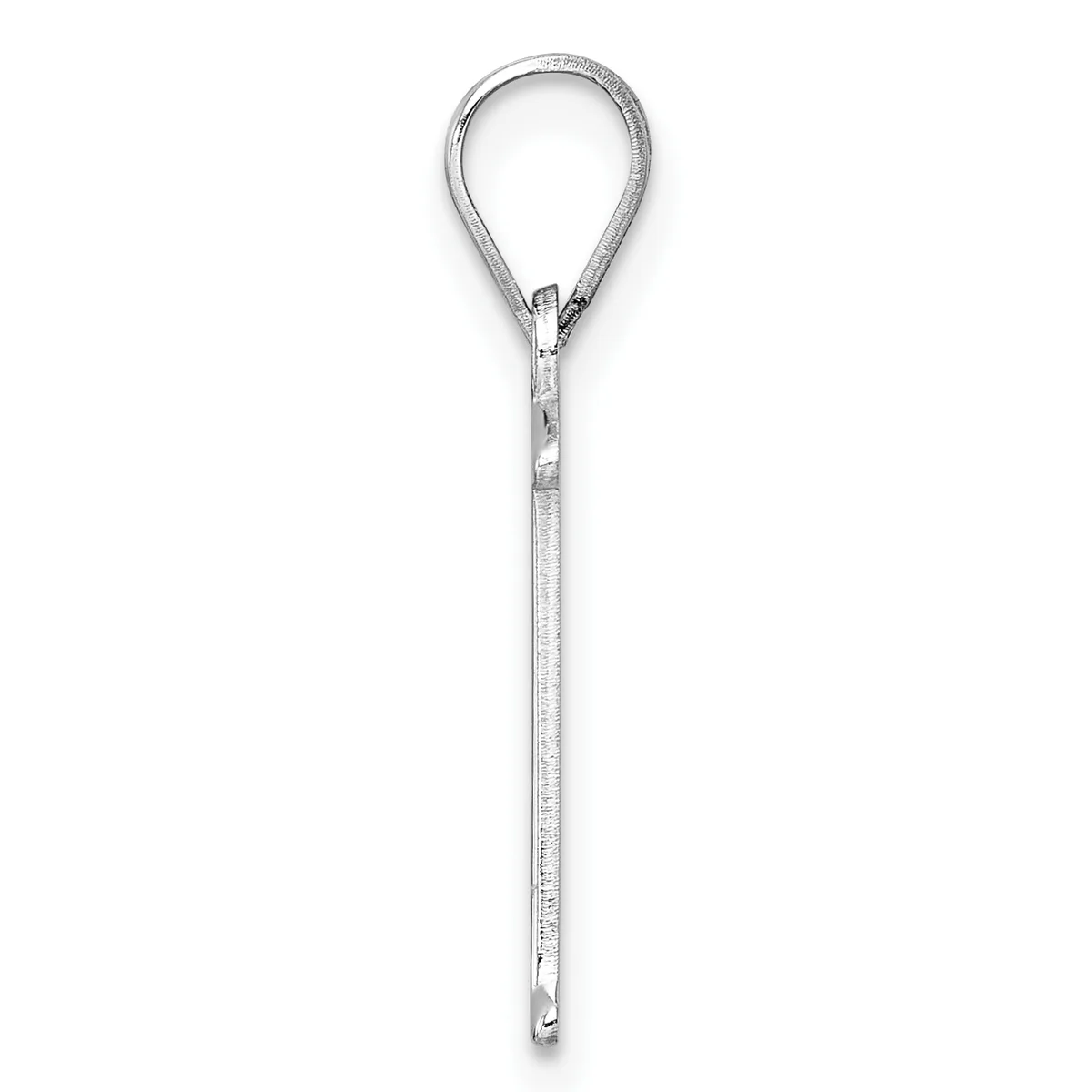 A silver teardrop-shaped pendant necklace with a long chain and small hallmark, displayed against a white background.