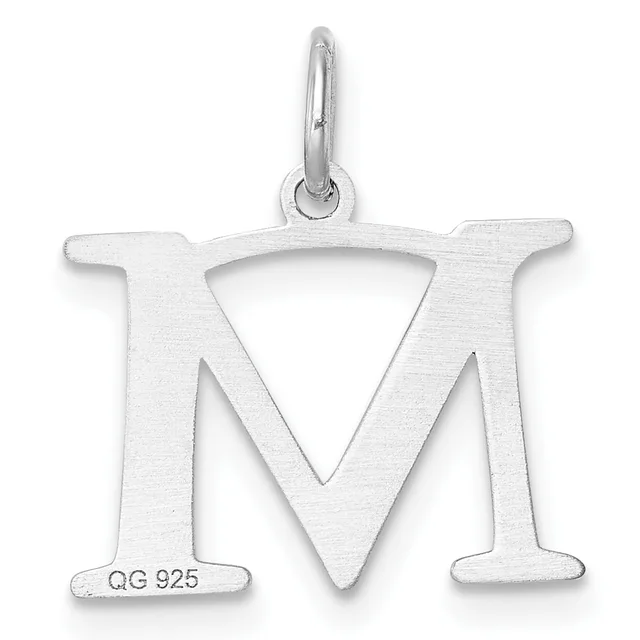 Sterling silver letter M pendant with a triangular cutout in the center, shown suspended from a bail loop against a white background.