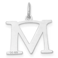 Sterling silver letter M pendant with a triangular cutout in the center, shown suspended from a bail loop against a white background.
