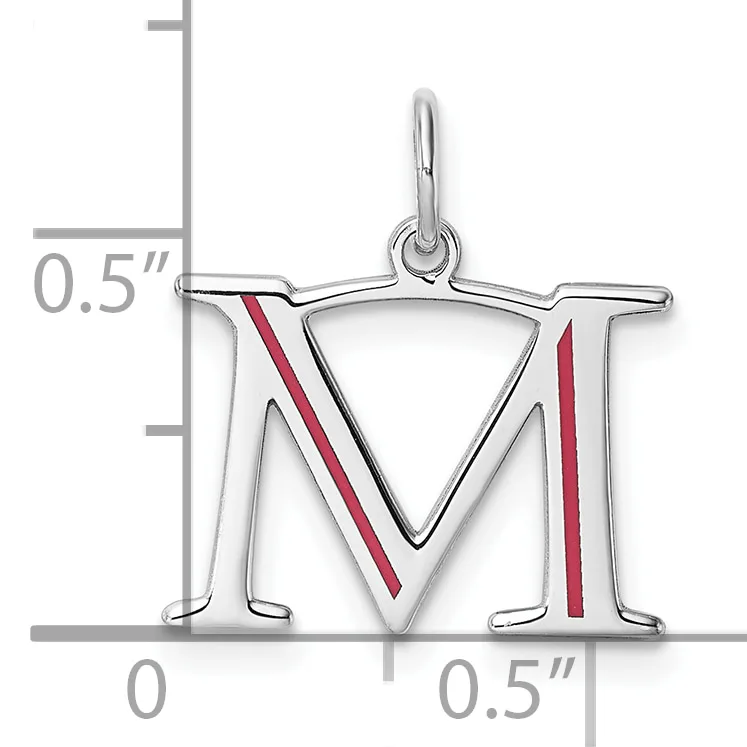 Silver pendant charm shaped like the letter M with red enamel accents on the sides, shown with measurement scale indicating approximately 0.5 inches in height and width.
