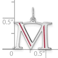 Silver pendant charm shaped like the letter M with red enamel accents on the sides, shown with measurement scale indicating approximately 0.5 inches in height and width.