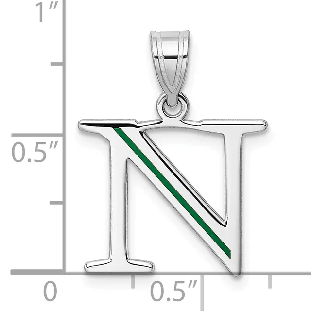 Silver pendant shaped like the letter N with green and black enamel diagonal stripes, shown next to a ruler indicating approximately one inch in height.