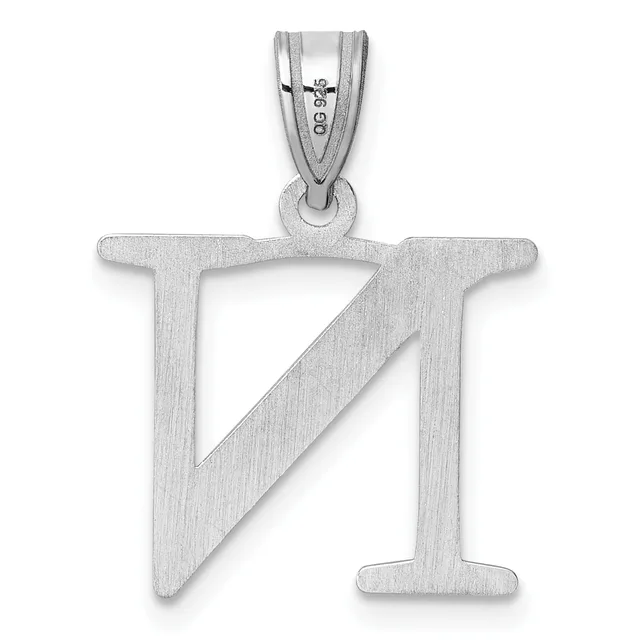 Silver pendant in the shape of the letter N with a textured matte finish and a small stamped hallmark, suspended from a polished bail.