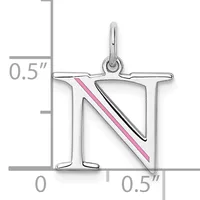 Silver square pendant with cutout letter N, featuring a pink and black diagonal stripe design, shown with measurement scale indicating approximately 0.5 inches.