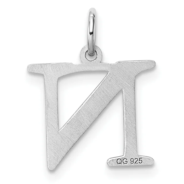 Silver pendant shaped like the letter N with a brushed finish and a small stamped hallmark on the lower right, suspended from a rounded bail.