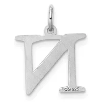 Silver pendant shaped like the letter N with a brushed finish and a small stamped hallmark on the lower right, suspended from a rounded bail.