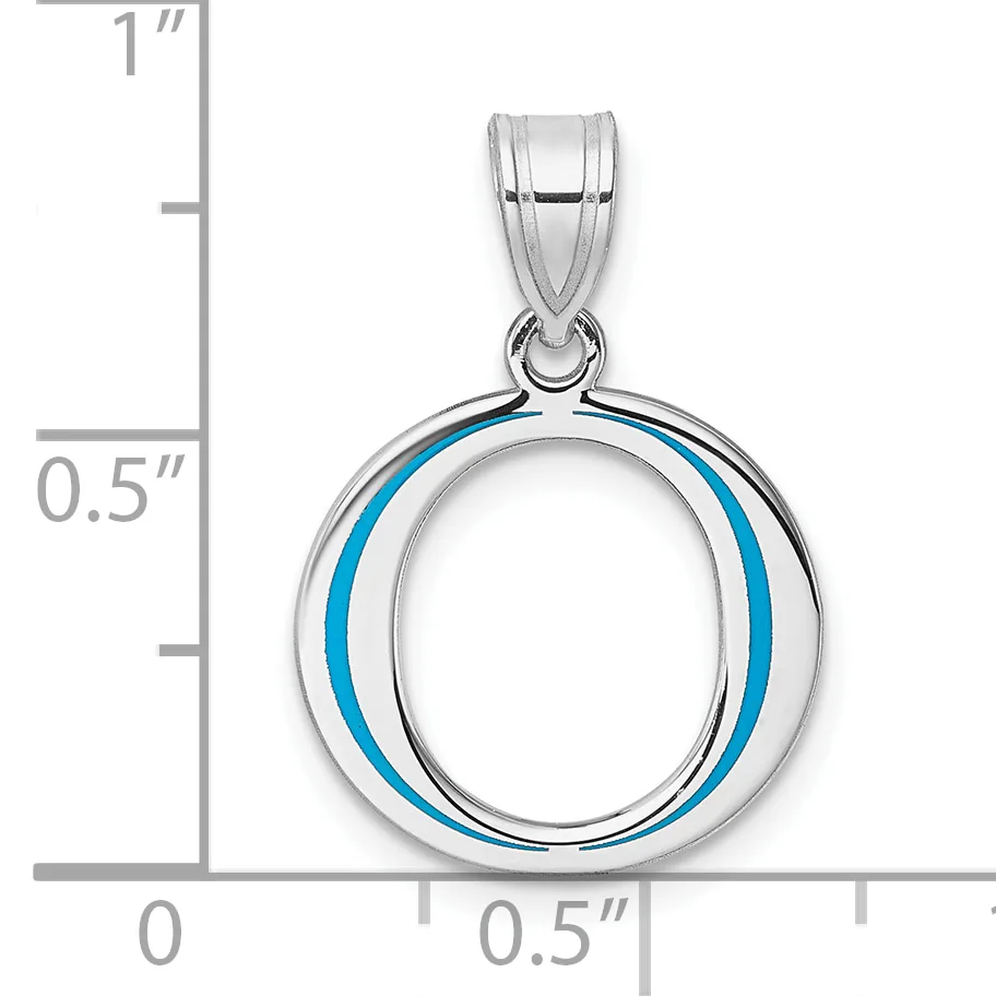 Silver circular pendant with blue enamel stripes on the sides and an open center, shown next to a measurement scale indicating approximately one inch in height.