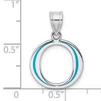 Silver circular pendant with blue enamel stripes on the sides and an open center, shown next to a measurement scale indicating approximately one inch in height.