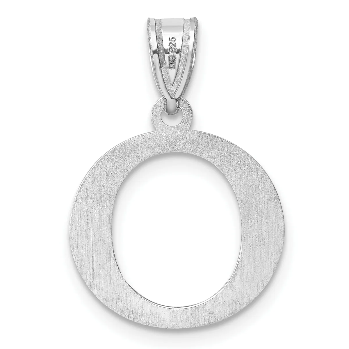 Sterling silver circular pendant with a brushed finish and hollow center, suspended from a bail with a small stamped hallmark.