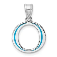 Silver pendant with a circular frame featuring blue enamel stripes on the sides and an open oval center, suspended from a silver bail.