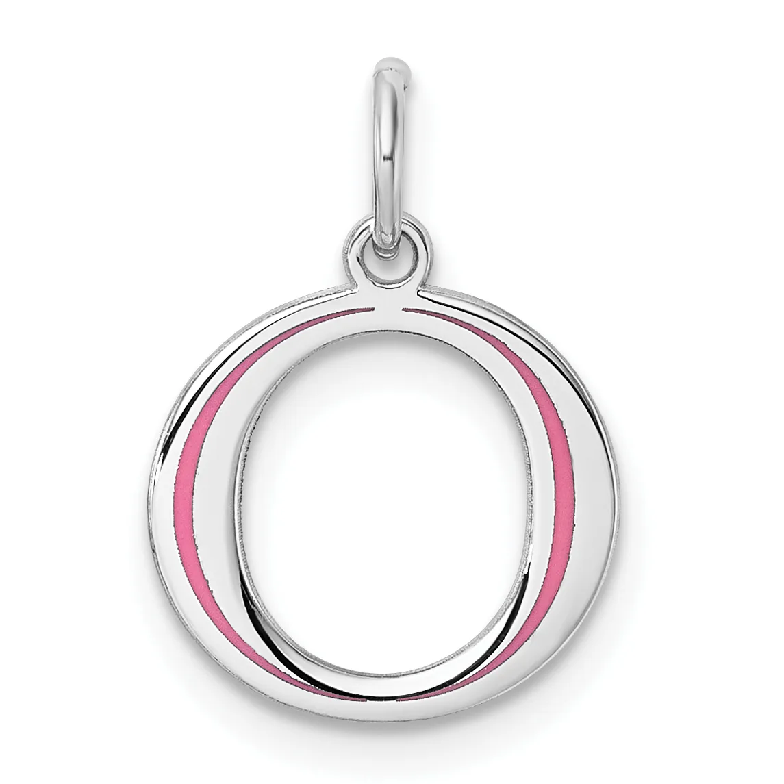 Silver pendant with pink enamel accents forming an oval frame with an open center, suspended from a curved bail loop.