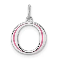 Silver pendant with pink enamel accents forming an oval frame with an open center, suspended from a curved bail loop.
