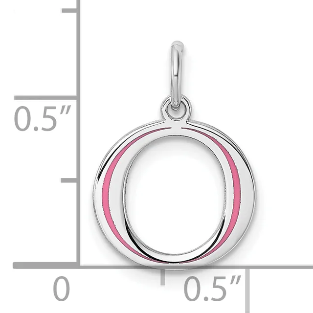 Silver pendant charm with pink enamel stripes on an oval frame, shown next to a measurement scale indicating approximately 0.5 inches in height and width.