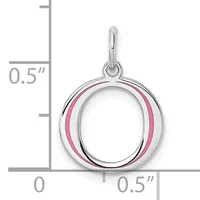 Silver pendant charm with pink enamel stripes on an oval frame, shown next to a measurement scale indicating approximately 0.5 inches in height and width.
