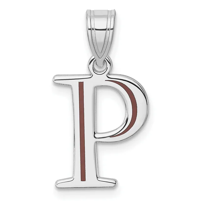 Silver letter P pendant with maroon enamel stripe down the center, suspended from a silver bail, shown against a white background.