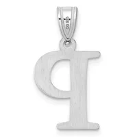 Silver letter P pendant with a brushed finish and small stamped hallmark on the bail, shown against a white background.