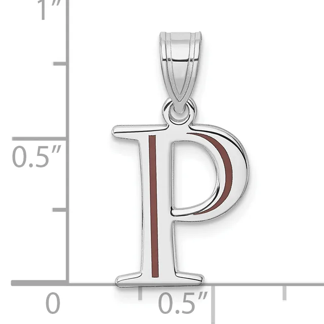 Silver pendant shaped like the letter P with a dark red enamel stripe, shown next to a ruler indicating approximately one inch in height.