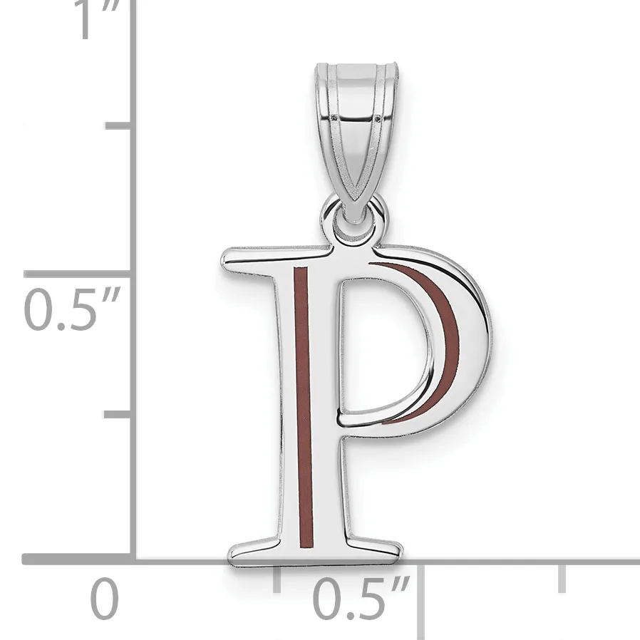 Silver pendant shaped like the letter P with a dark red enamel stripe, shown next to a ruler indicating approximately one inch in height.