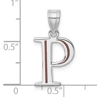 Silver pendant shaped like the letter P with a dark red enamel stripe, shown next to a ruler indicating approximately one inch in height.