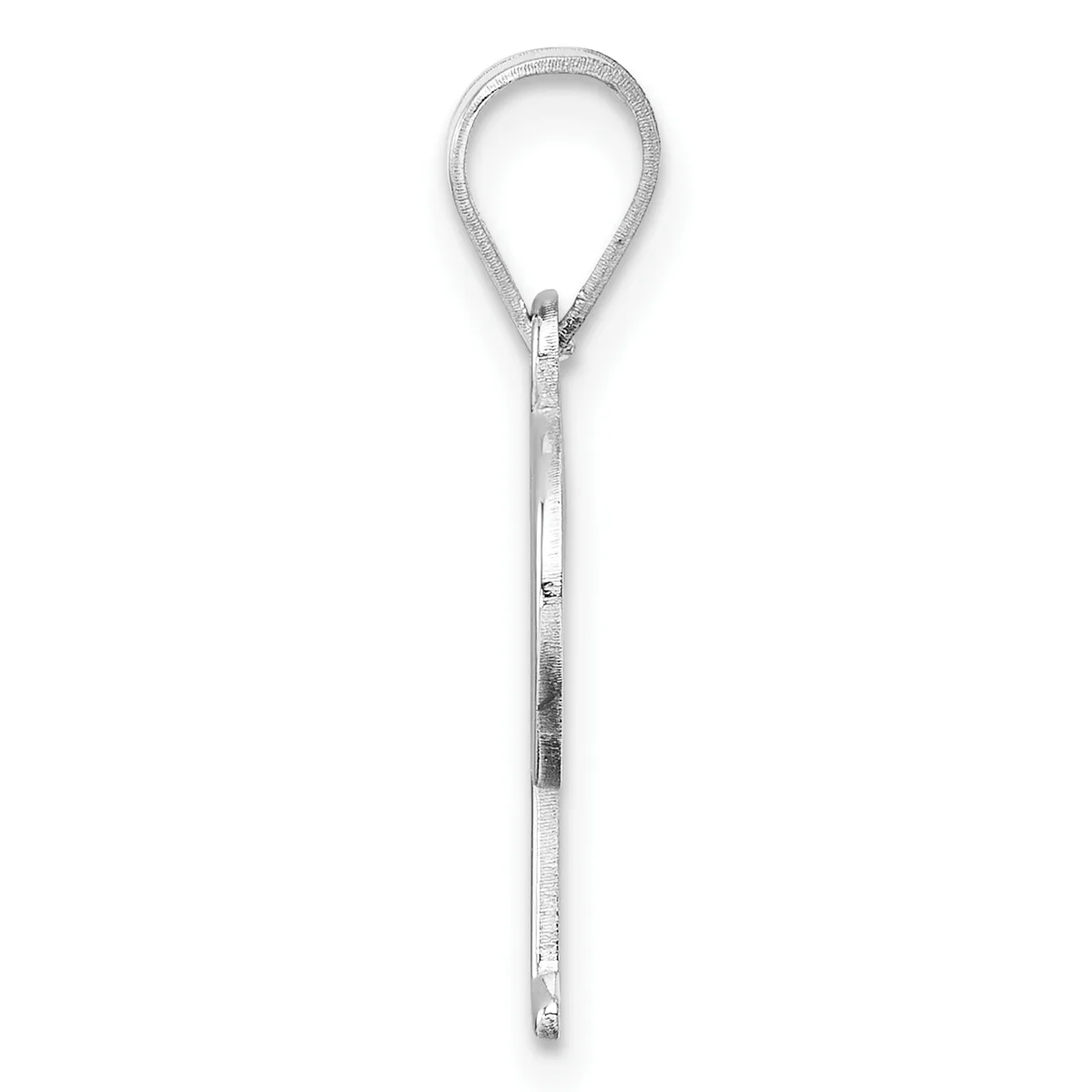 A silver teardrop-shaped pendant with a long stem, shown vertically against a white background.