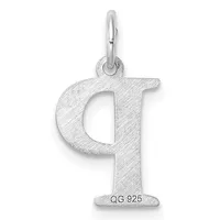 Silver letter "q" pendant with a brushed finish and a small stamped hallmark on the base, shown hanging from a bail loop.