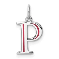 Silver pendant charm shaped as the letter P with a red stripe running vertically through the center and a red curved accent on the right side of the P.