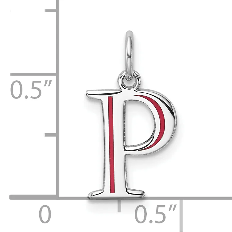 Silver pendant charm shaped like the letter P with a red enamel stripe down the center, shown with a measurement scale indicating approximately 0.5 inches in height.