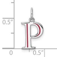 Silver pendant charm shaped like the letter P with a red enamel stripe down the center, shown with a measurement scale indicating approximately 0.5 inches in height.