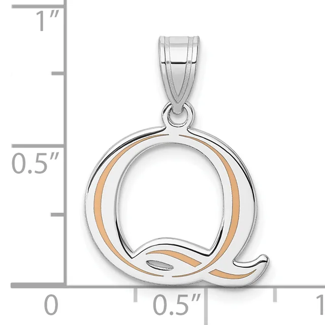 Two-tone silver and rose gold pendant shaped like the letter Q with a polished finish, shown next to a ruler indicating its size as approximately three-quarters of an inch tall.