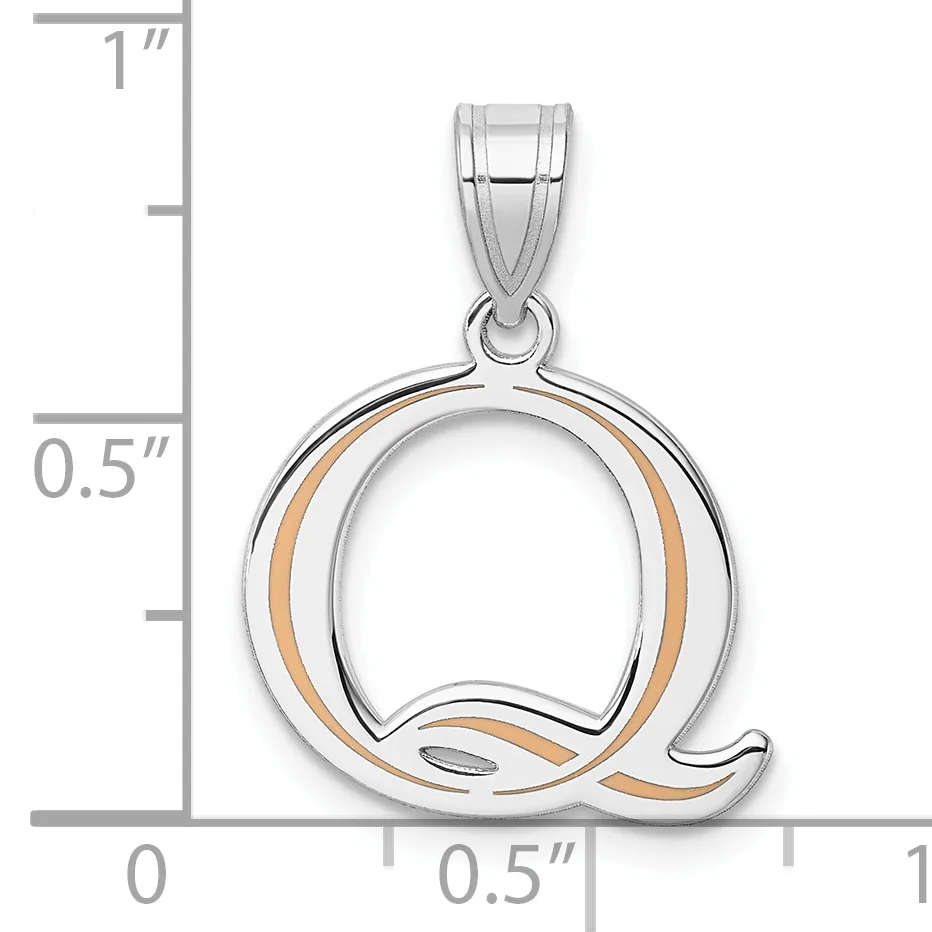 Two-tone silver and rose gold pendant shaped like the letter Q with a polished finish, shown next to a ruler indicating its size as approximately three-quarters of an inch tall.