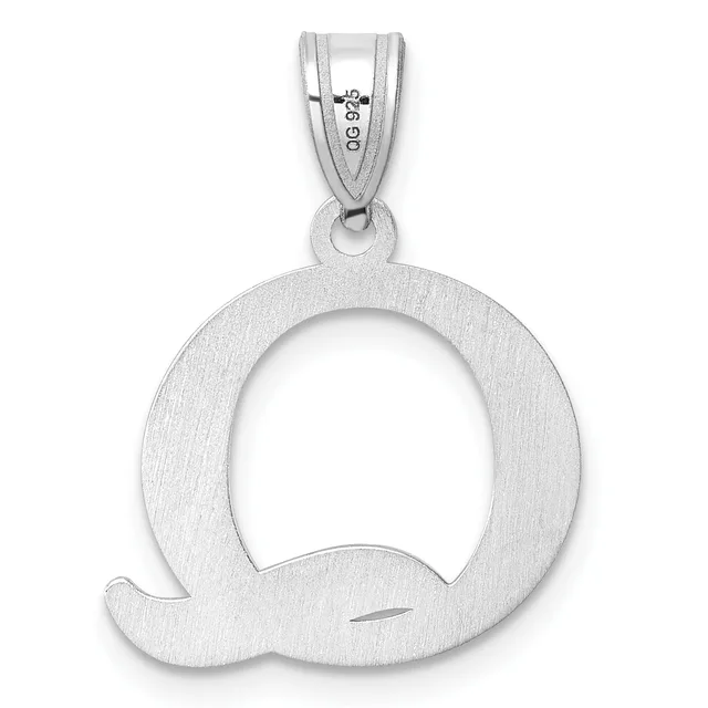 Silver pendant shaped like the letter Q with a textured brushed finish, suspended from a silver bail with a small stamped hallmark.