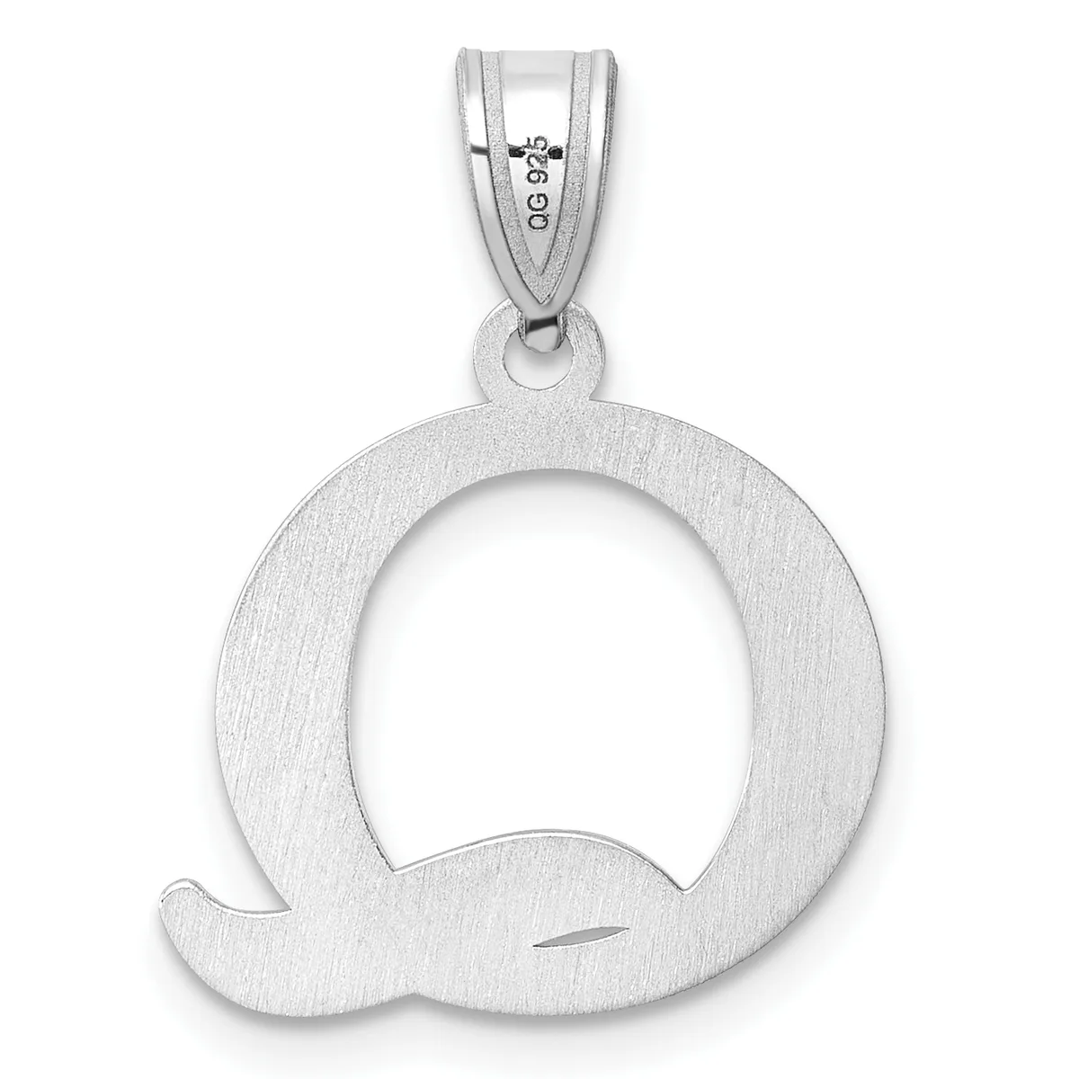 Silver pendant shaped like the letter Q with a textured brushed finish, suspended from a silver bail with a small stamped hallmark.