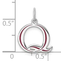 Silver pendant charm shaped like the letter Q with red enamel accents, shown next to a measurement scale indicating approximately 0.5 inches in height and width.
