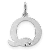 A sterling silver pendant shaped like the letter Q with a curved tail, shown hanging from a bail loop against a white background.