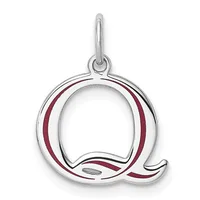 Silver charm pendant shaped like the letter Q with burgundy enamel accents along the curved edges and a small loop at the top for attaching to a chain.