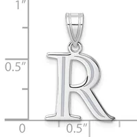 Silver letter R pendant with measurement scale showing approximately 1 inch tall and 0.5 inch wide.