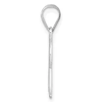 A silver teardrop-shaped pendant with a long chain, shown suspended against a white background.