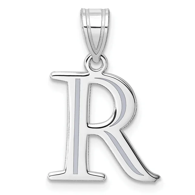 Sterling silver pendant shaped like the letter R with an open design and a small loop at the top for attaching to a chain.