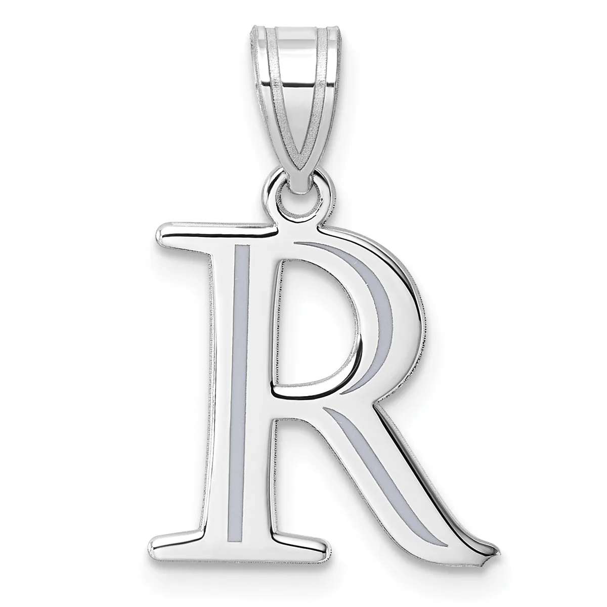 Sterling silver pendant shaped like the letter R with an open design and a small loop at the top for attaching to a chain.