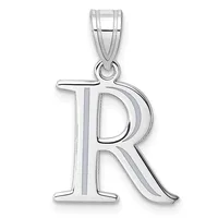 Sterling silver pendant shaped like the letter R with an open design and a small loop at the top for attaching to a chain.