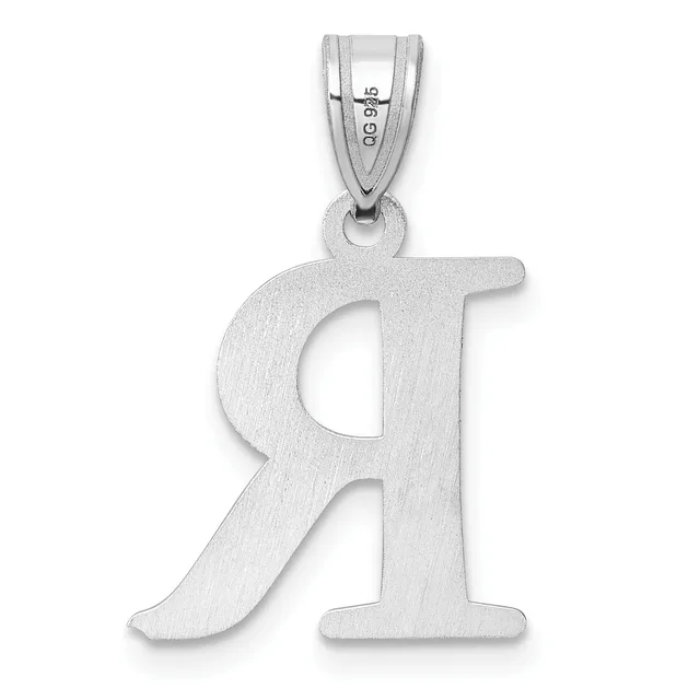 Silver letter R pendant with a brushed finish and bail loop, shown hanging against a white background.