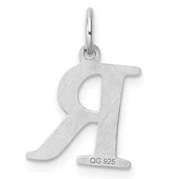 Silver letter R pendant with a loop bail at top and small stamped hallmark at bottom, shown against white background.