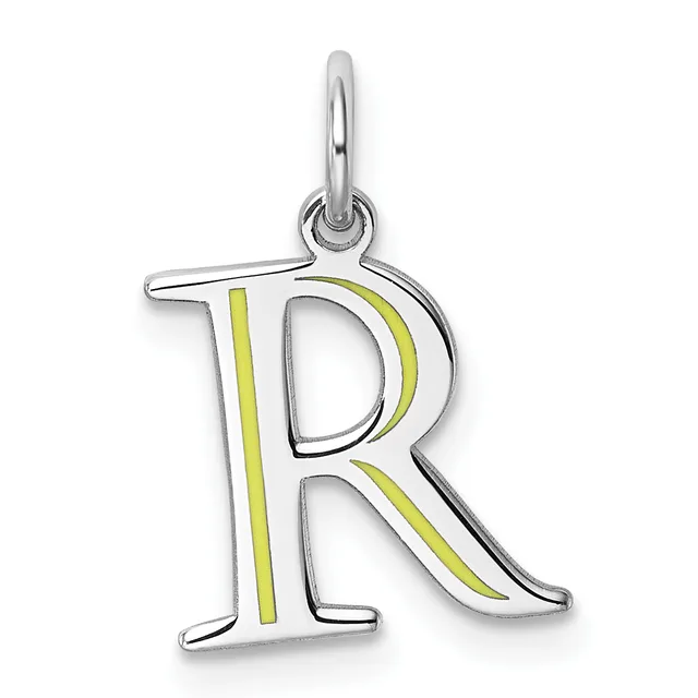 Silver letter R pendant with yellow enamel accents on the vertical strokes, shown hanging from a bail against a white background.