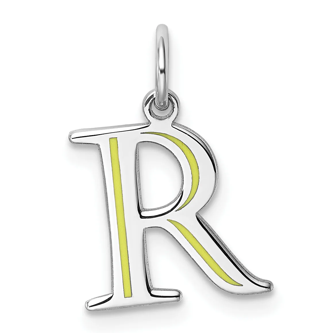 Silver letter R pendant with yellow enamel accents on the vertical strokes, shown hanging from a bail against a white background.