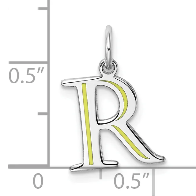 Silver pendant charm shaped like the letter R with yellow enamel accents on vertical stripes, shown with a measurement scale indicating approximately half an inch in height.