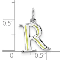 Silver pendant charm shaped like the letter R with yellow enamel accents on vertical stripes, shown with a measurement scale indicating approximately half an inch in height.
