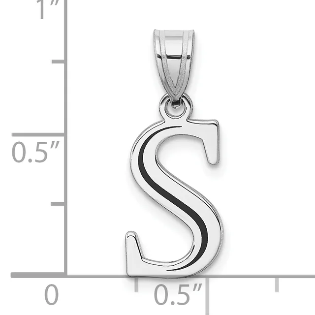 Silver letter S pendant with black enamel stripe shown next to a ruler indicating approximately one inch in height.