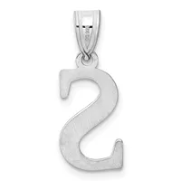 Sterling silver pendant shaped like the number two with a brushed finish, suspended from a bail with a small stamped hallmark.