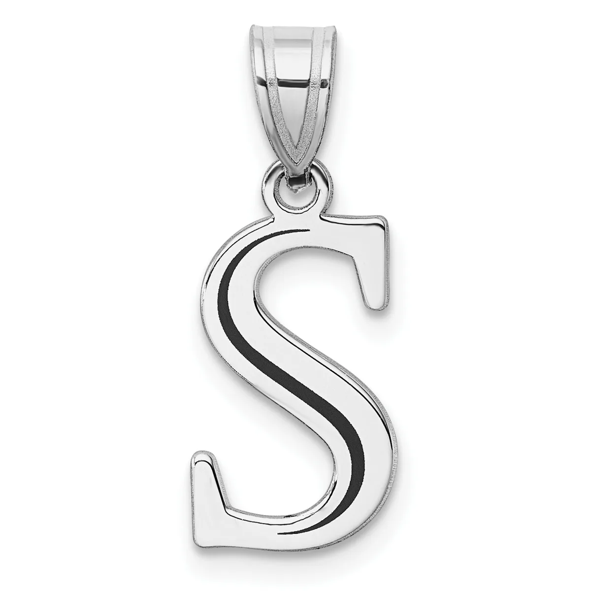 Silver letter S pendant with black enamel stripe detail, suspended from a silver bail on white background.